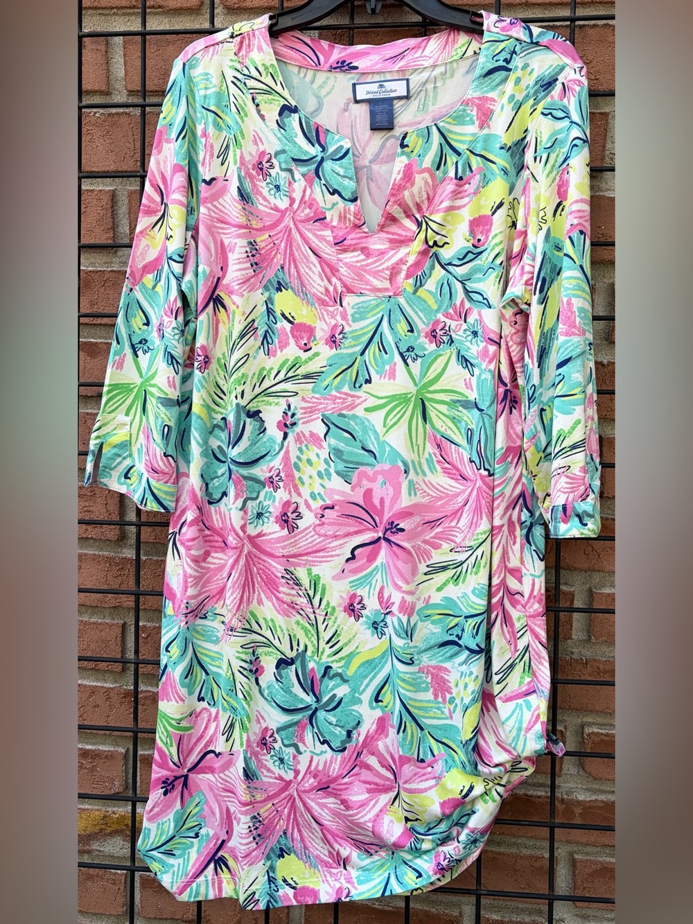 Tropical Floral V-Neck Long Sleeve Dress in Pink and Aqua